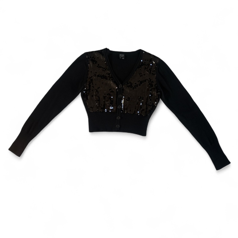 Black Sequin Cropped v neck long sleeve cardigan women’s medium by Nicole Miller